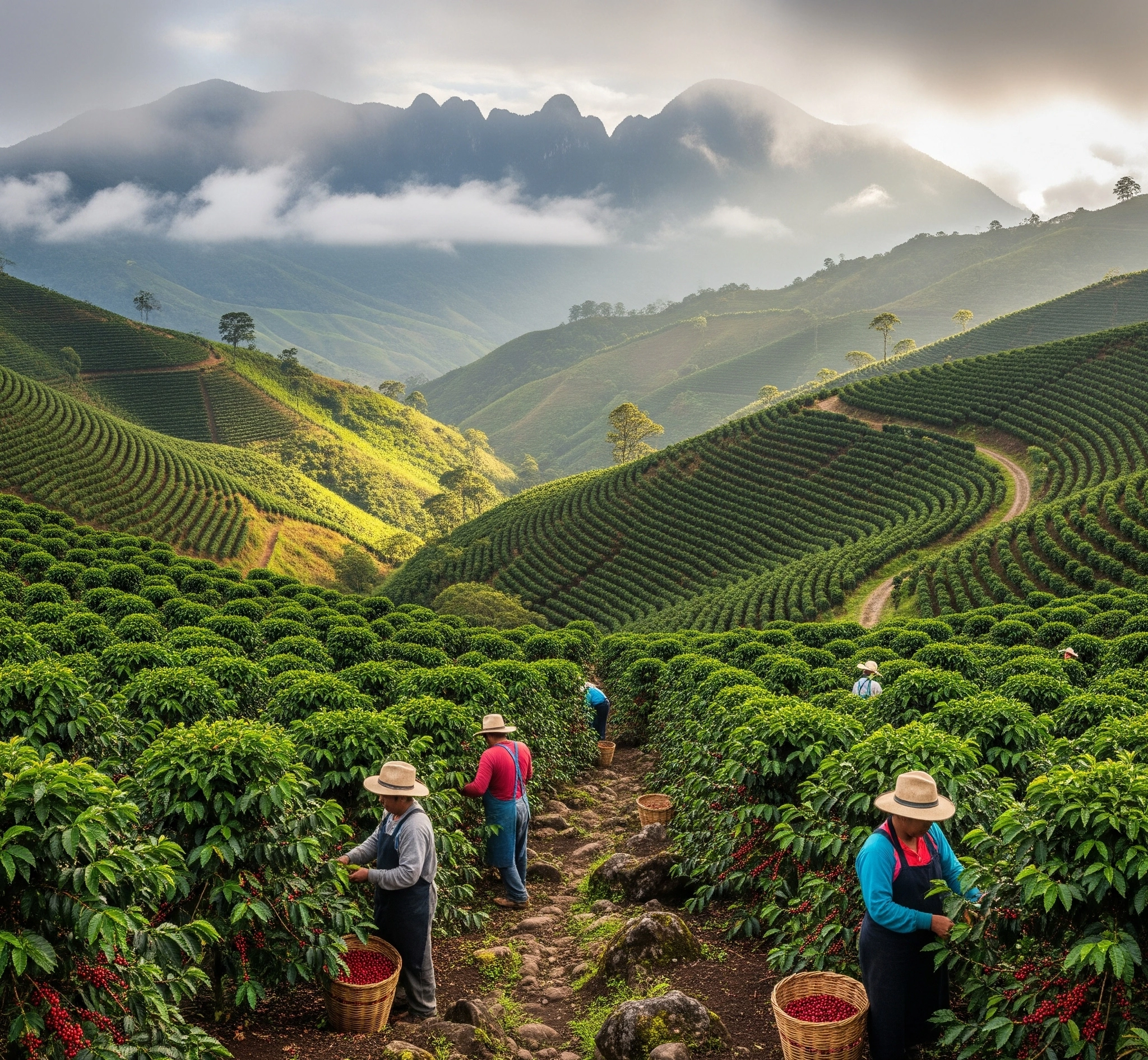 Pemandangan kebun kopi Geisha yang subur di dataran tinggi Panama