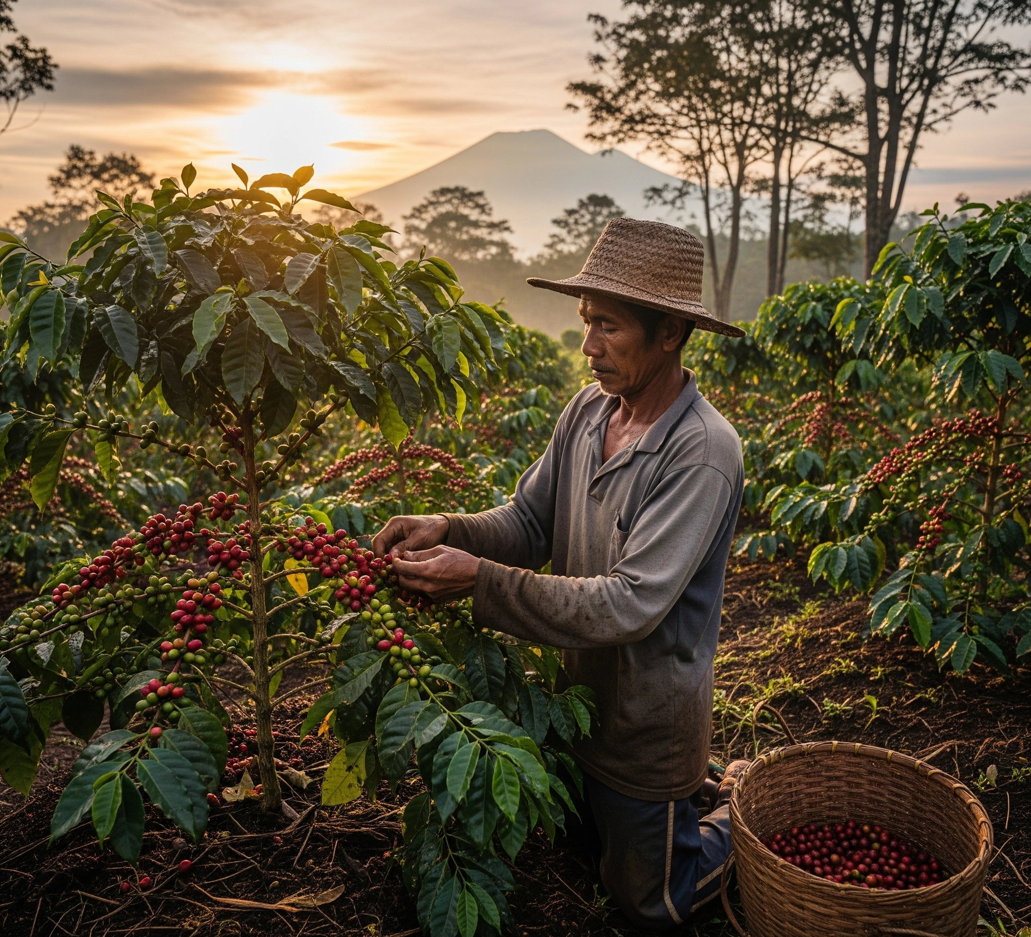 Petani kopi Indonesia sedang bekerja di perkebunan kopi