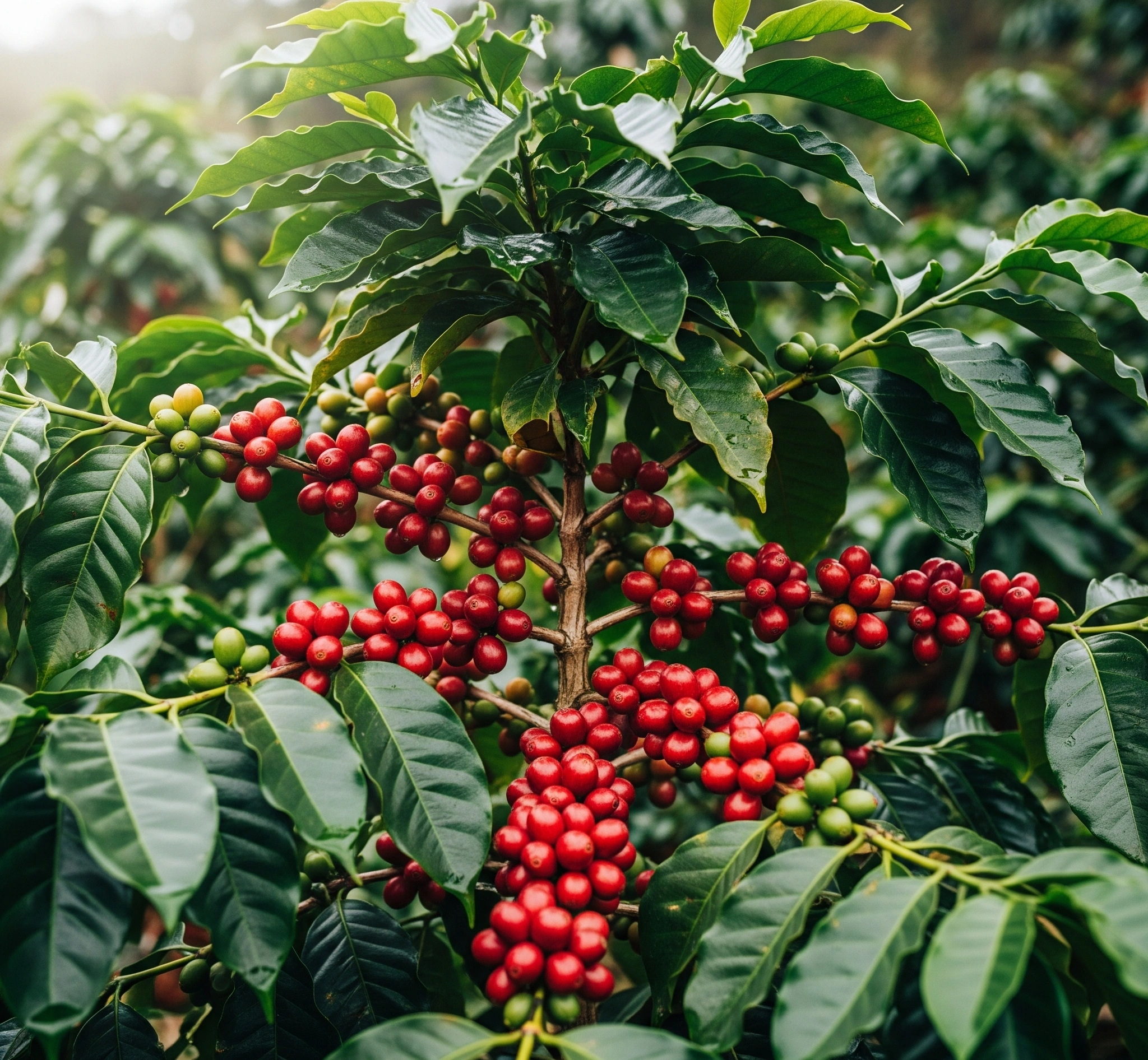 Pohon kopi Typica yang tumbuh subur dengan buah kopi merah
