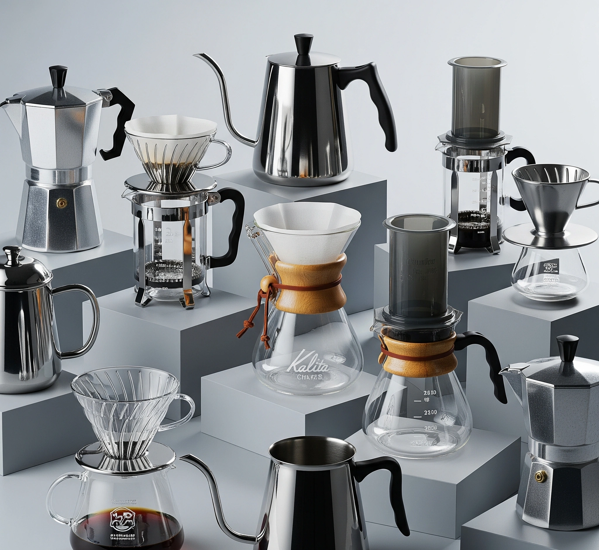 Berbagai peralatan untuk seduhan kopi manual