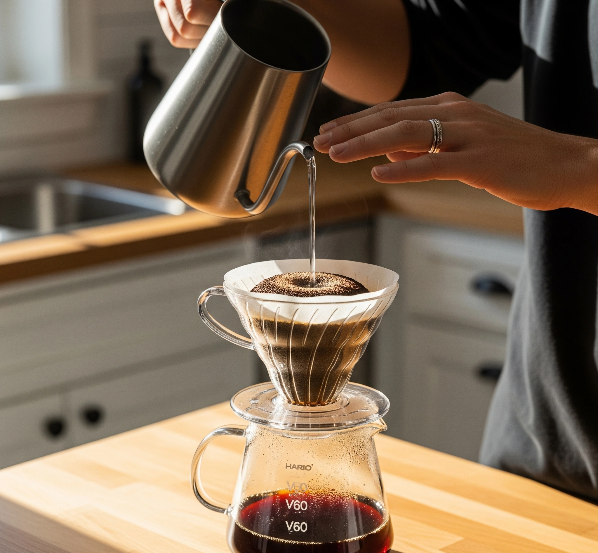 Ilustrasi seduhan kopi manual di rumah dengan alat V60