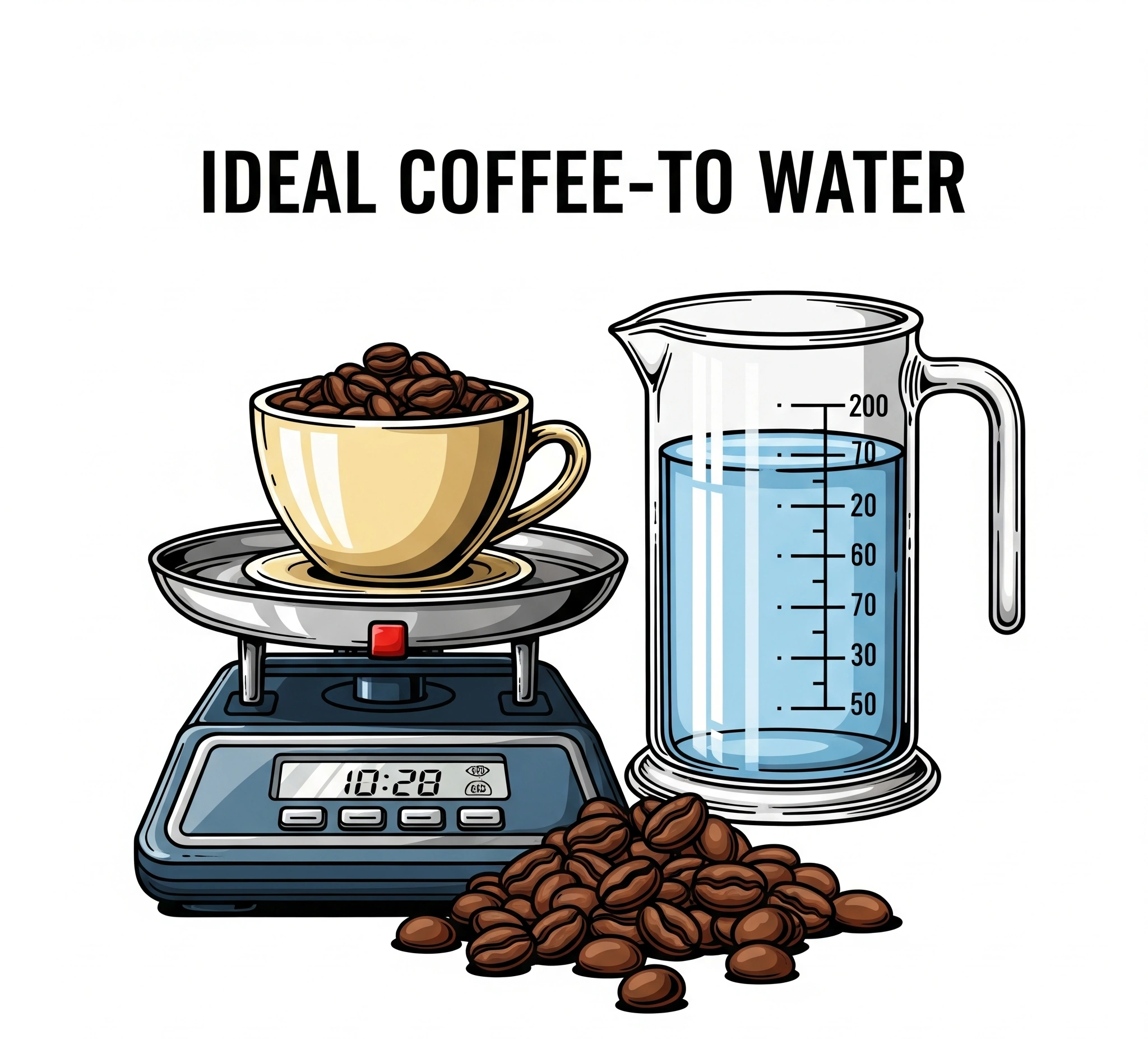 Ilustrasi timbangan kopi dan air untuk rasio yang tepat