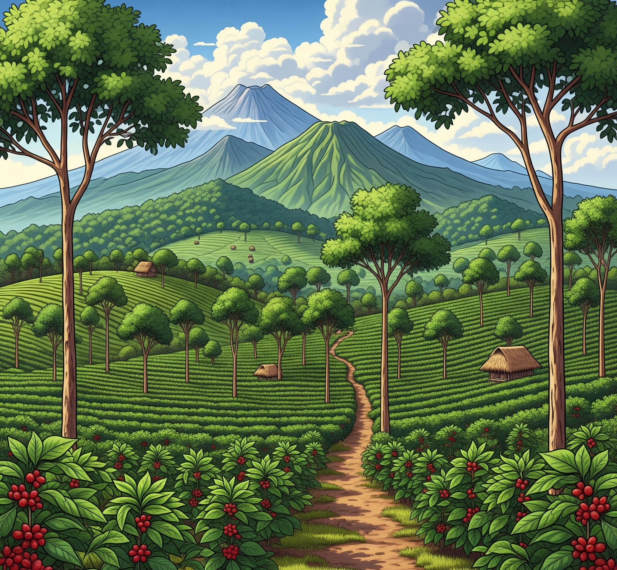 Pemandangan kebun kopi Flores Bajawa yang subur di dataran tinggi Ngada