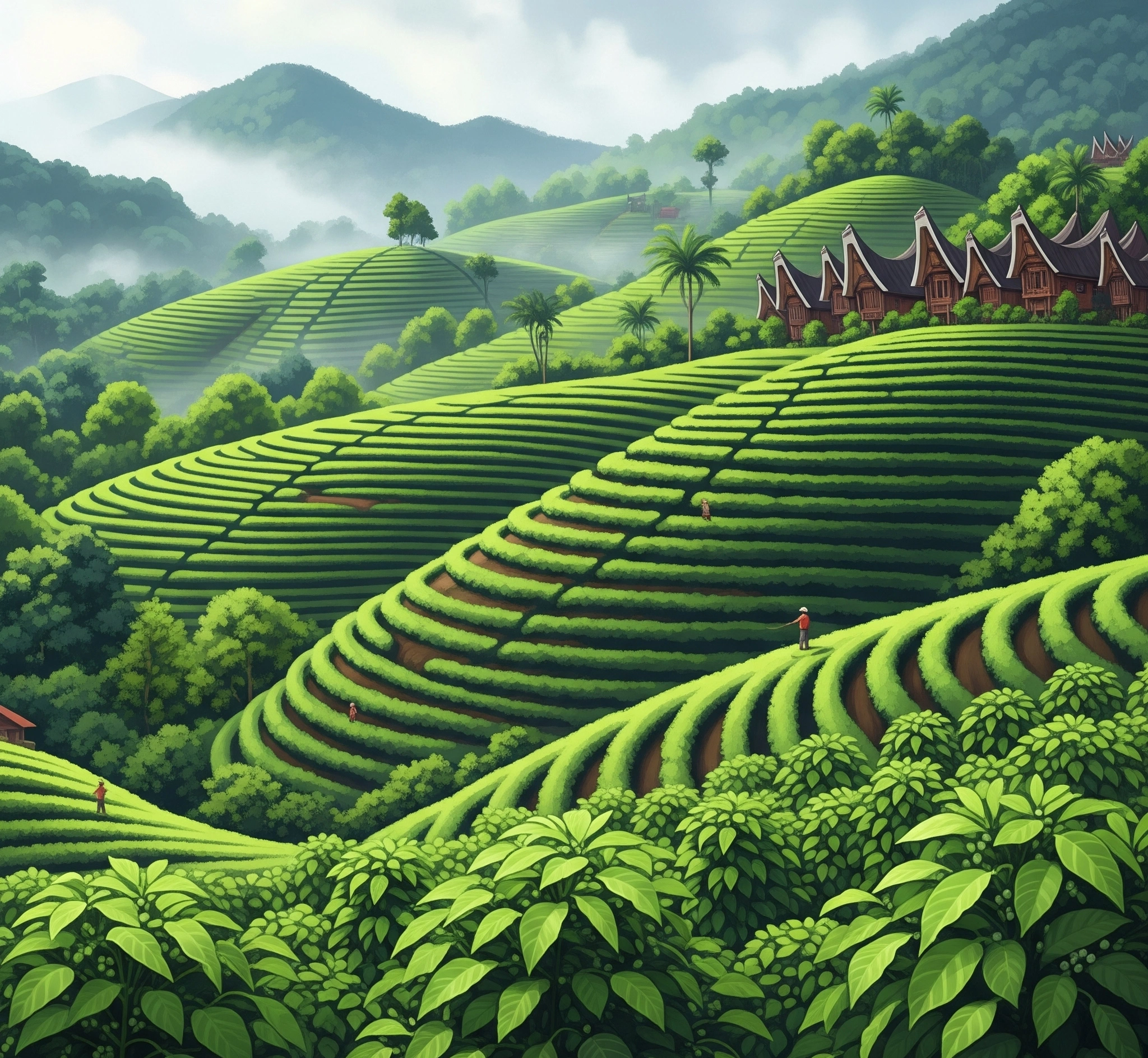 Pemandangan kebun kopi Gayo yang subur di dataran tinggi Aceh