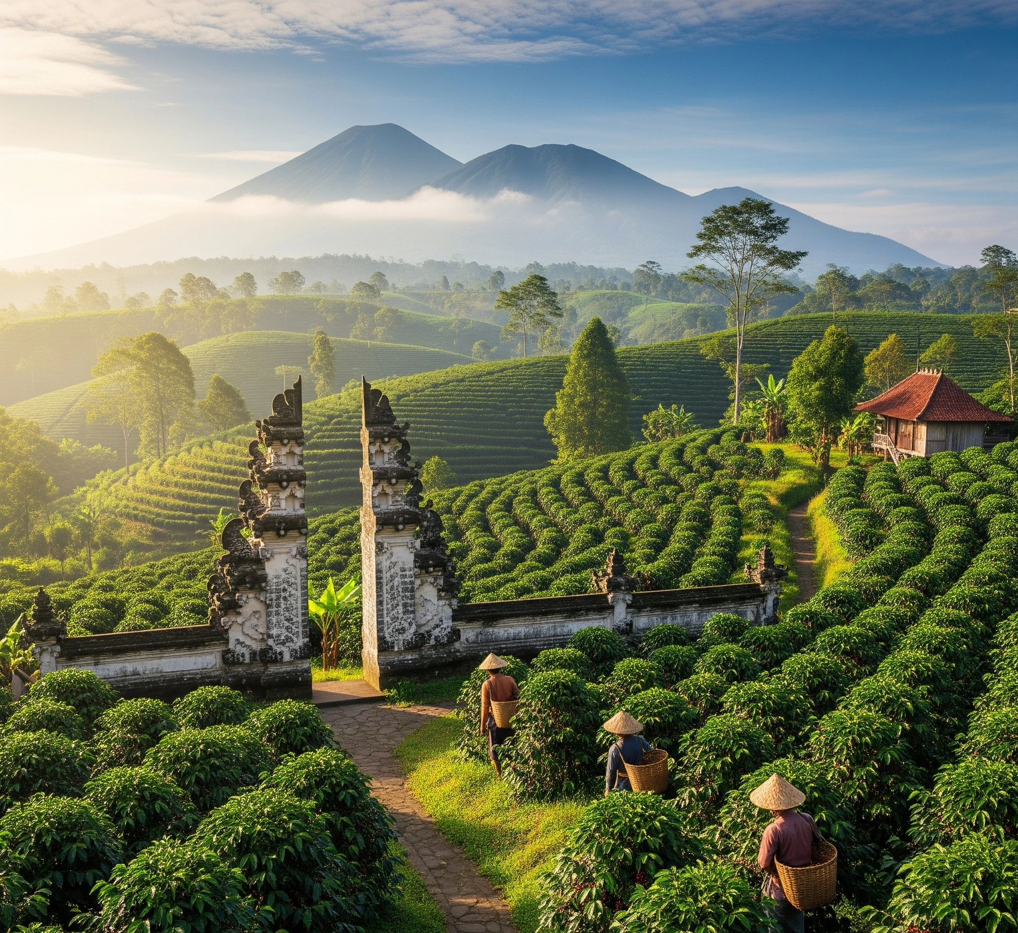 Pemandangan luas perkebunan kopi Arabika Indonesia yang subur di dataran tinggi