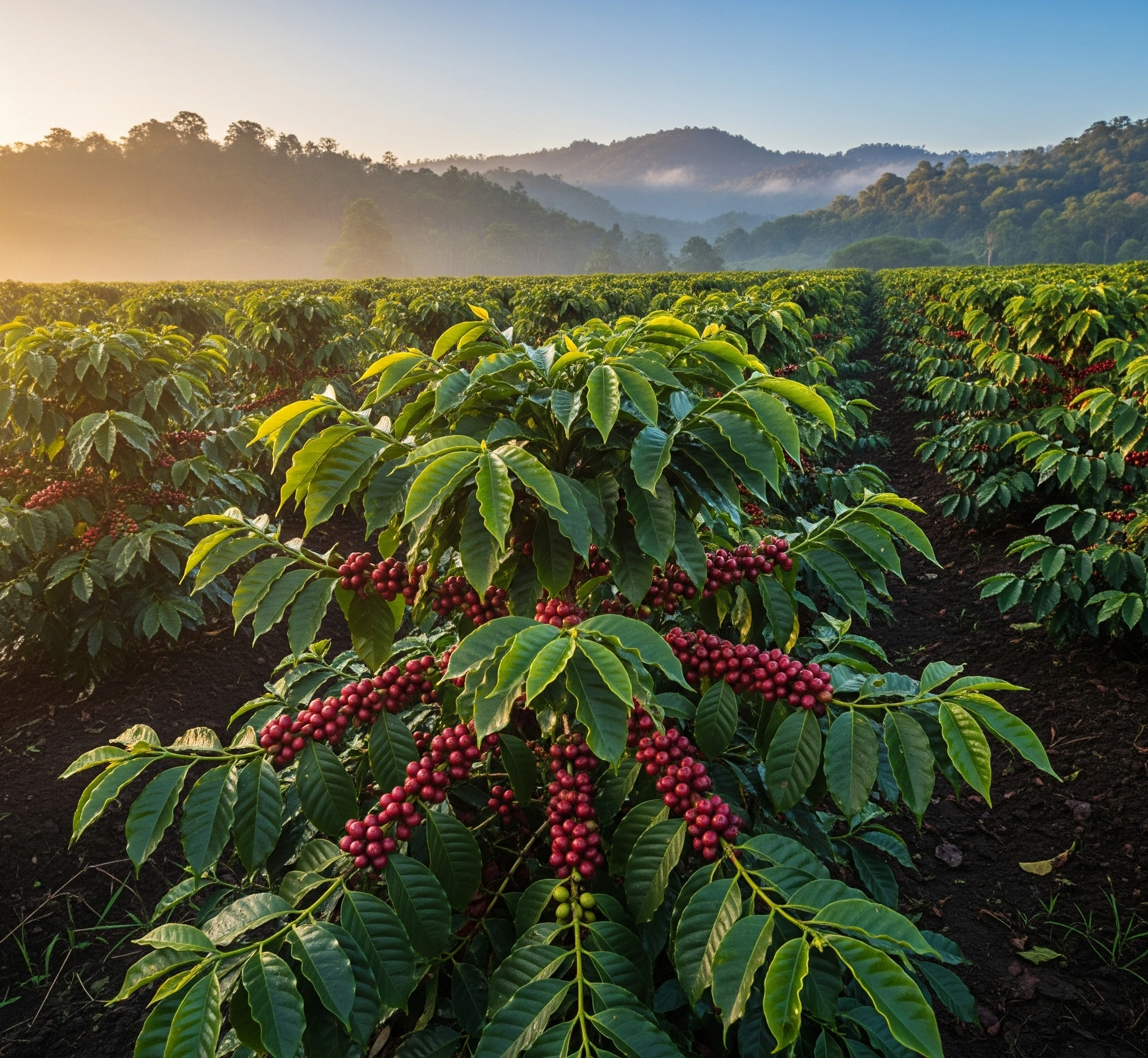 Pemandangan perkebunan kopi Robusta yang subur dengan buah kopi merah