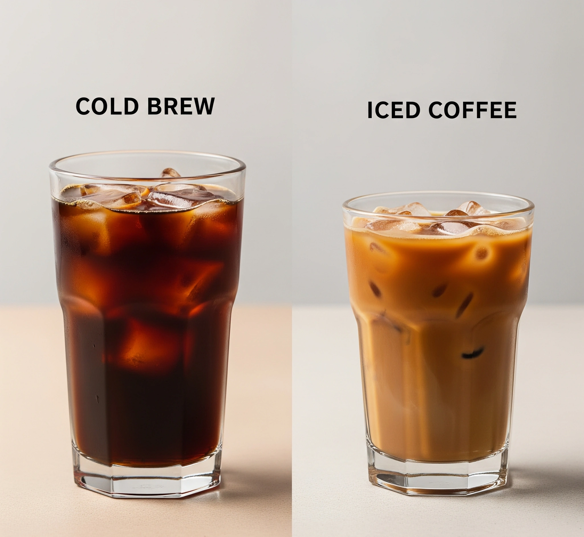 Perbandingan visual cold brew dan iced coffee dalam gelas
