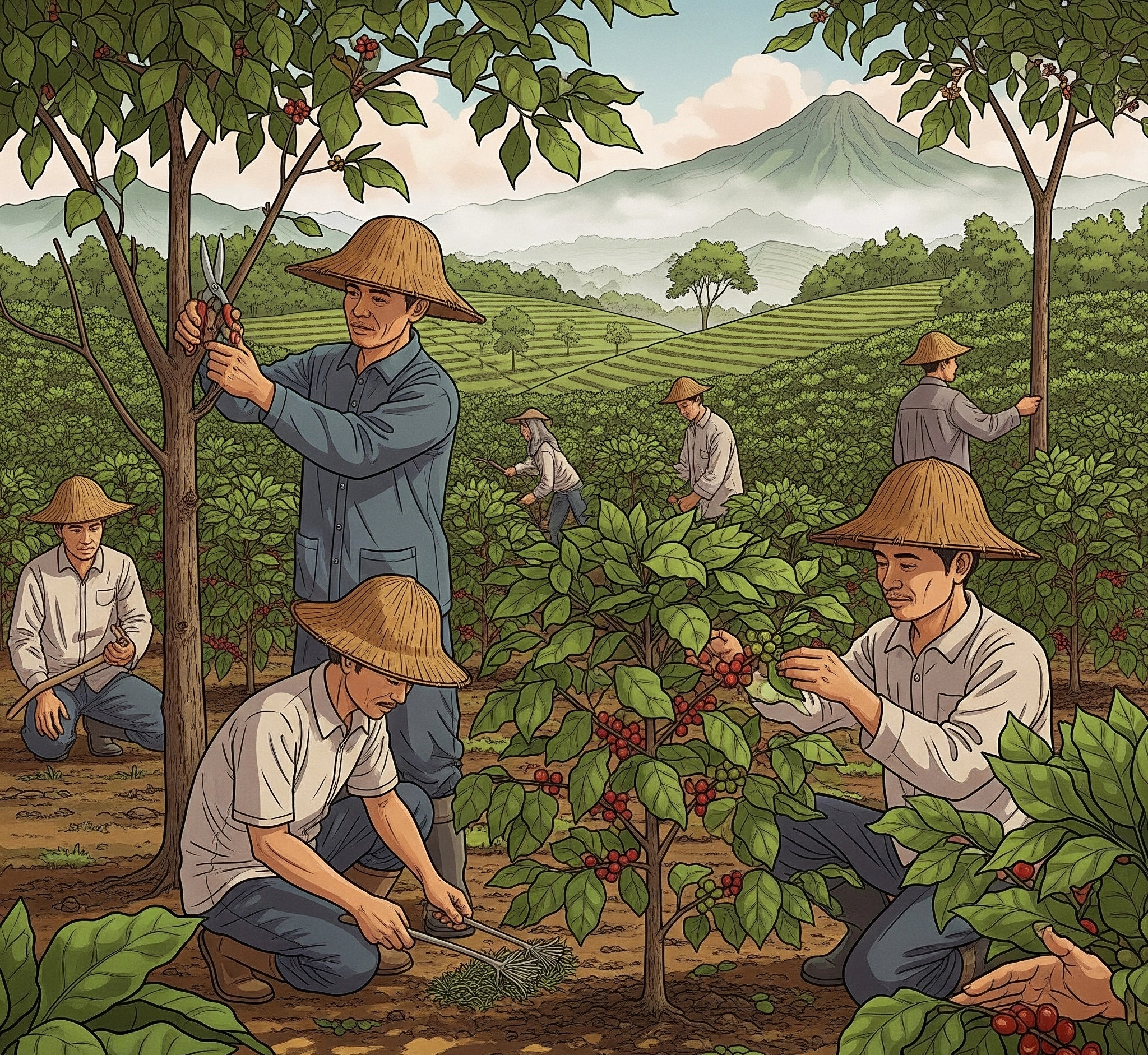 Petani kopi Arabika Indonesia sedang merawat tanaman di kebun