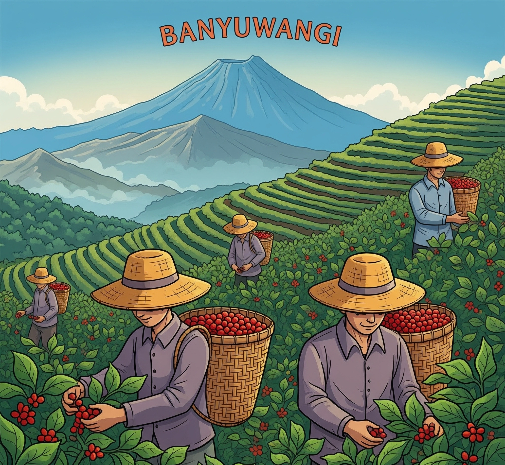 Petani kopi Banyuwangi sedang memanen biji kopi di lereng Ijen