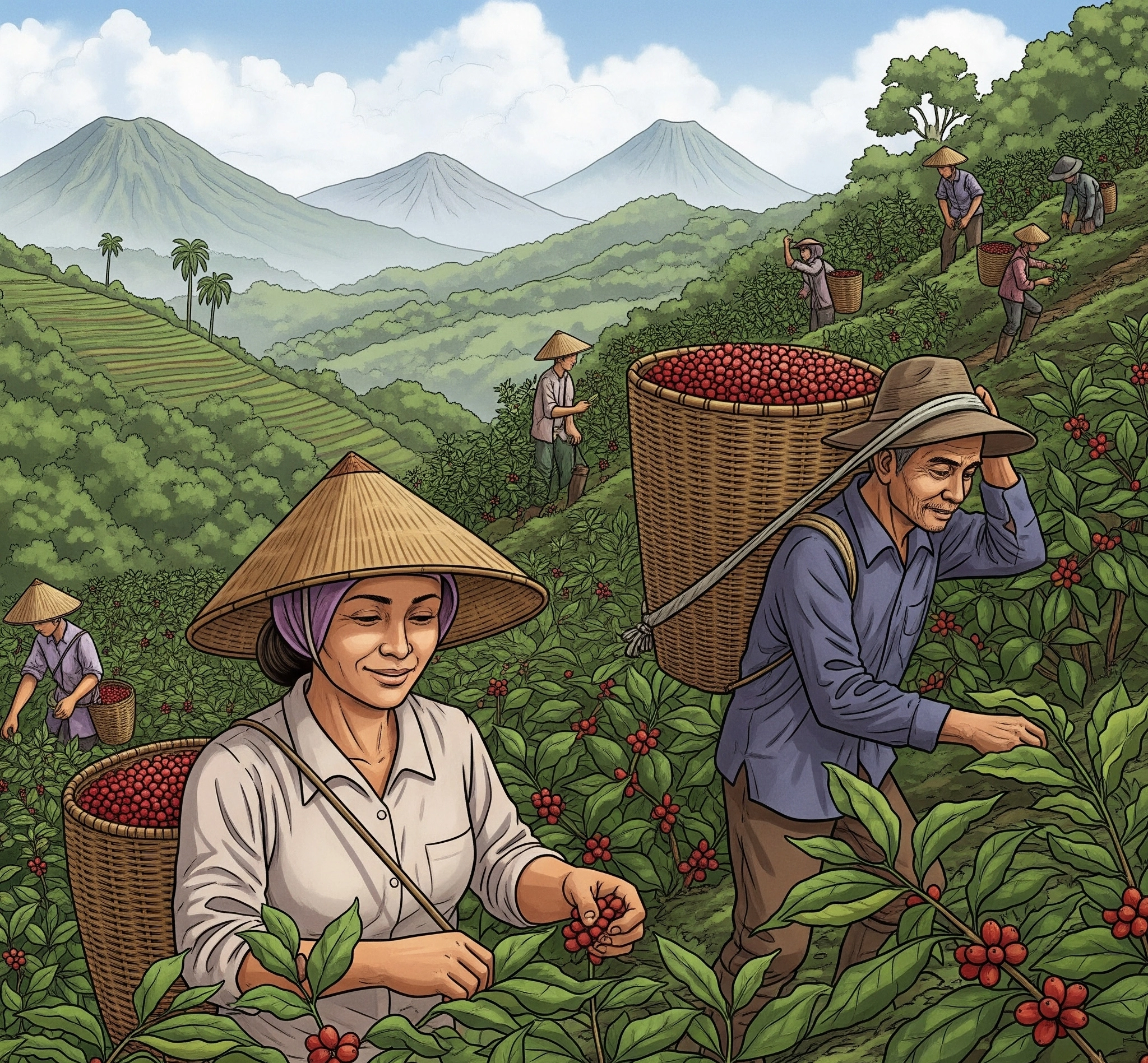 Petani kopi Flores Bajawa sedang memanen biji kopi di dataran tinggi