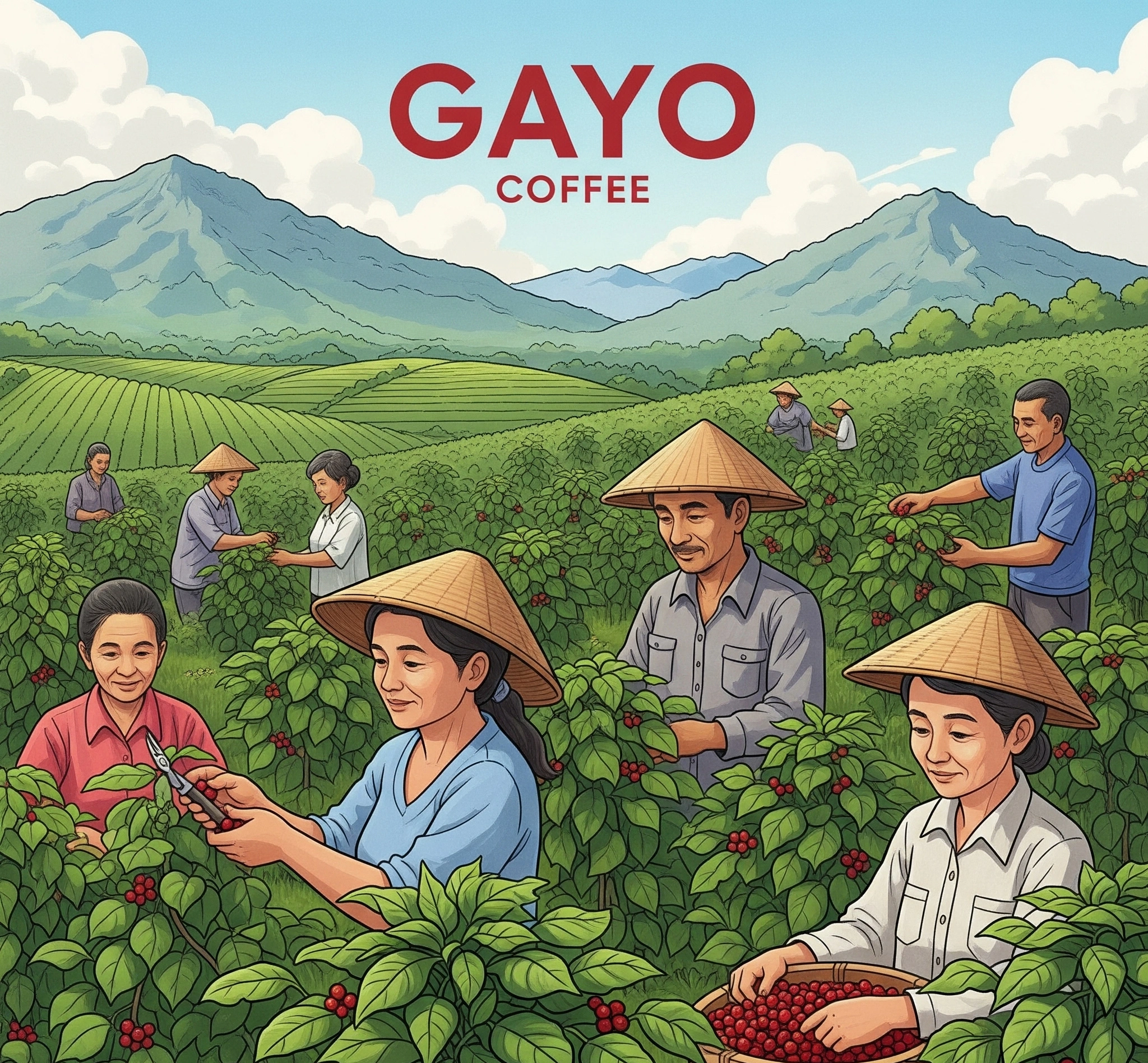 Petani kopi Gayo sedang bekerja di kebun kopi mereka