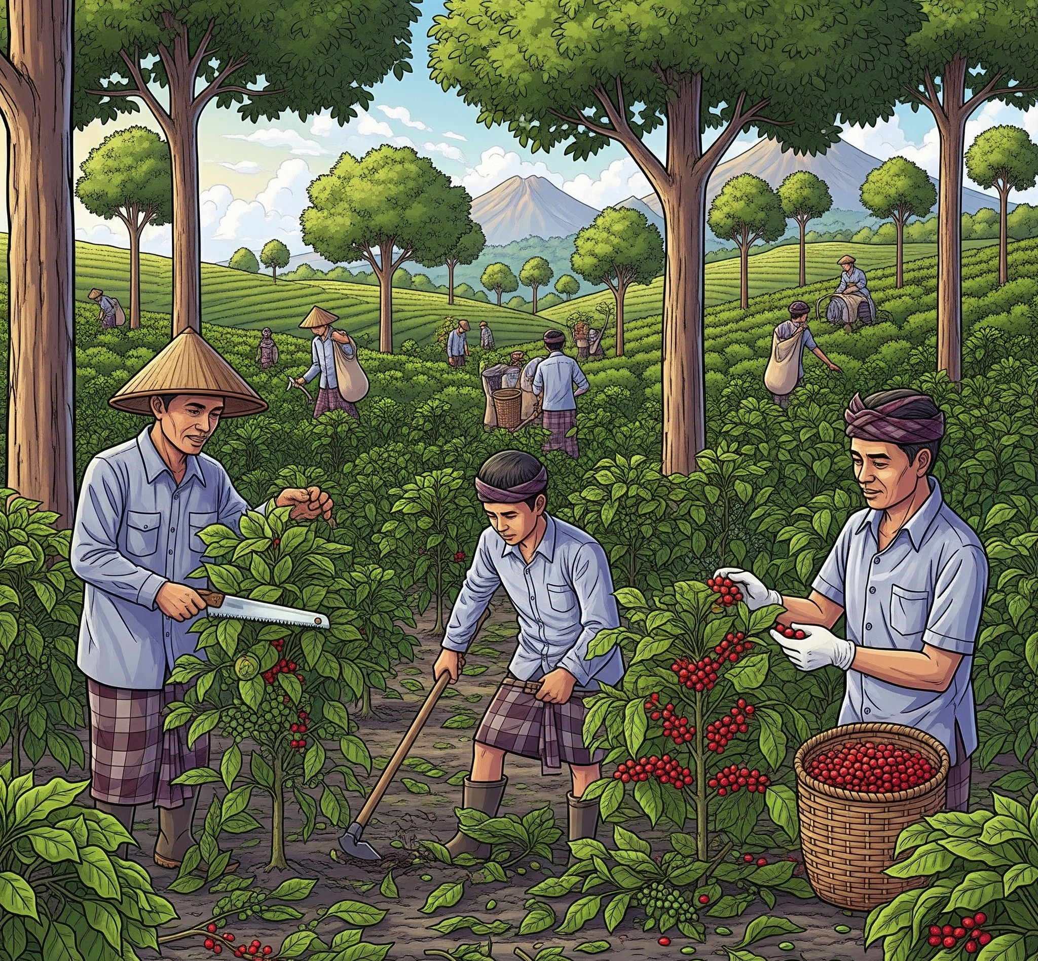 Petani kopi Kintamani sedang merawat tanaman kopi di kebun mereka