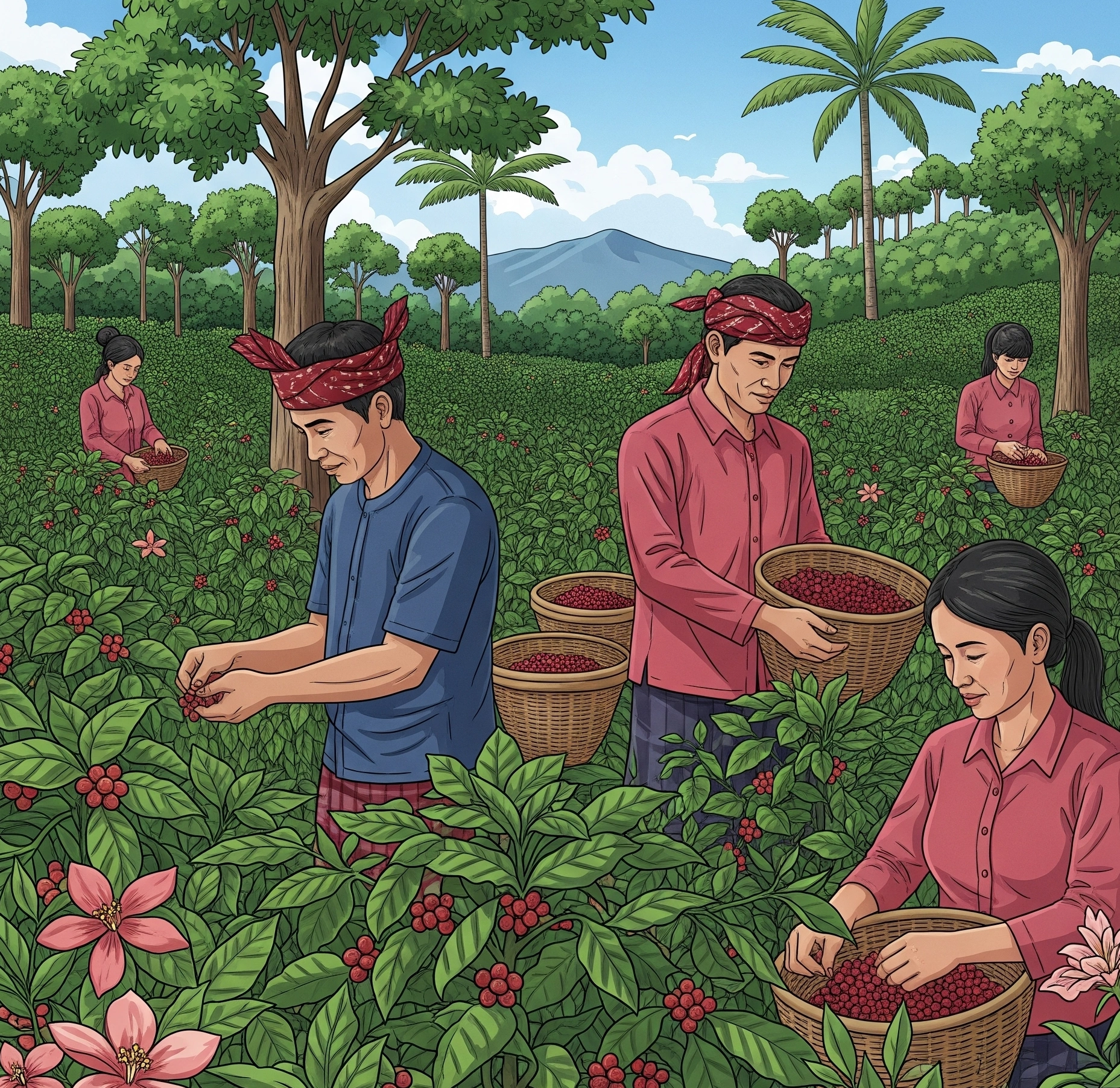 Petani kopi Toraja sedang memanen biji kopi di kebun