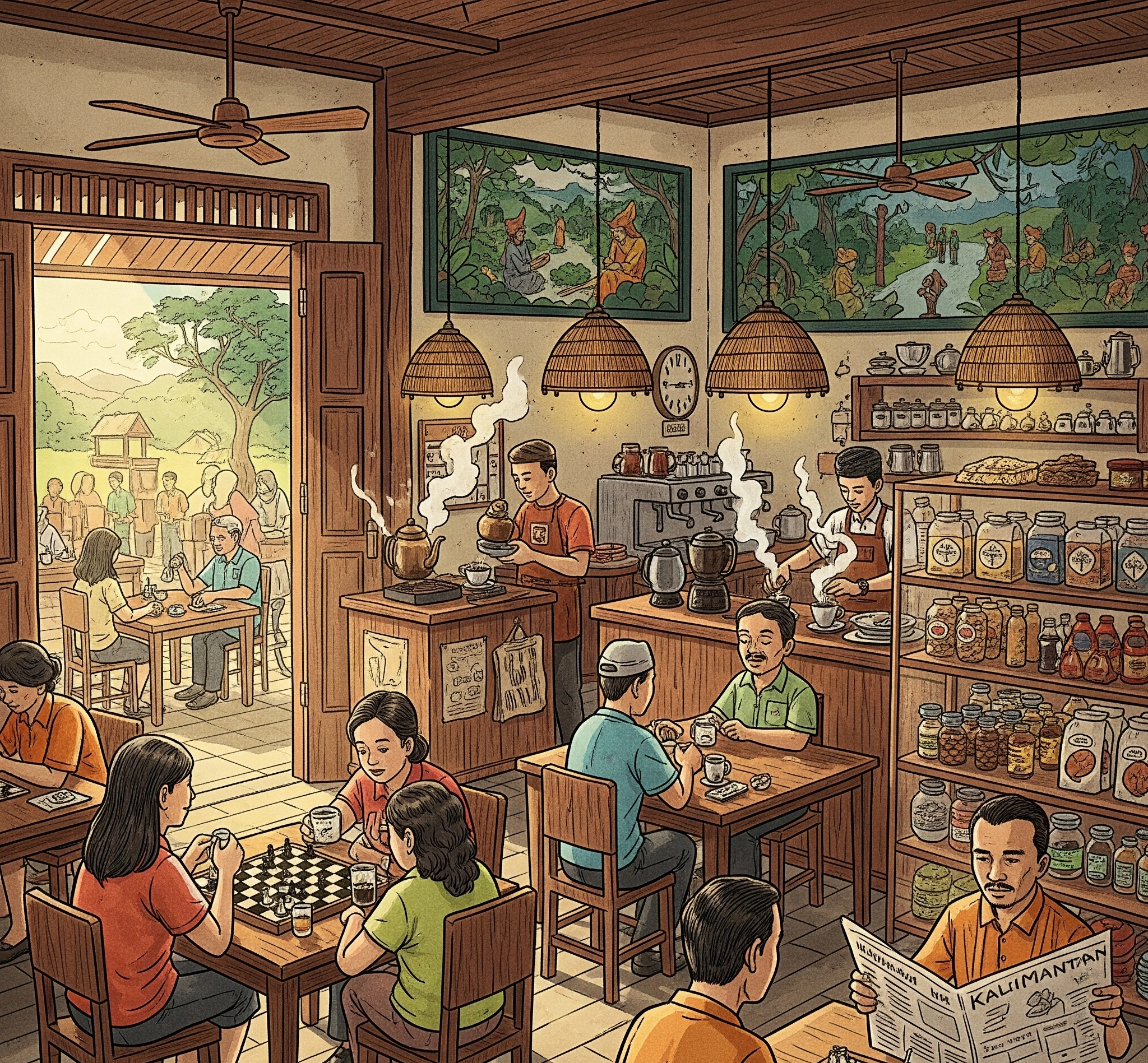 Suasana kedai kopi tradisional di Kalimantan yang ramai